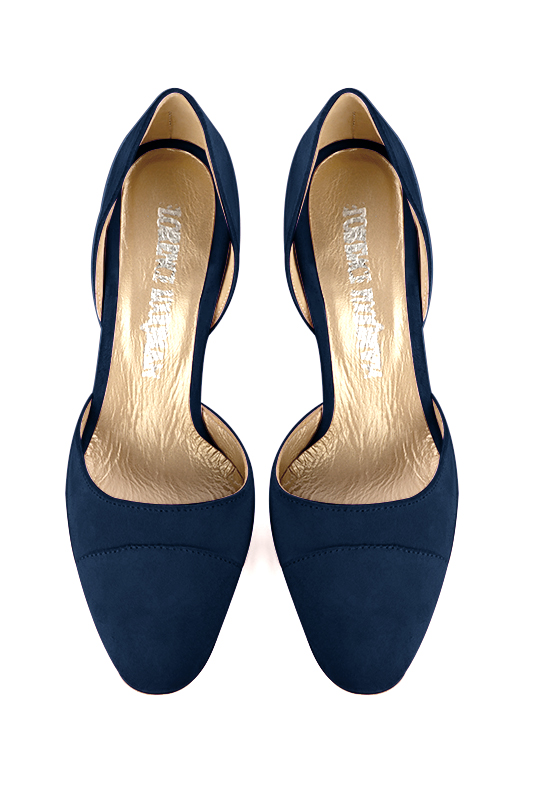 Navy blue women's open arch dress pumps. Round toe. Very high slim heel. Top view - Florence KOOIJMAN